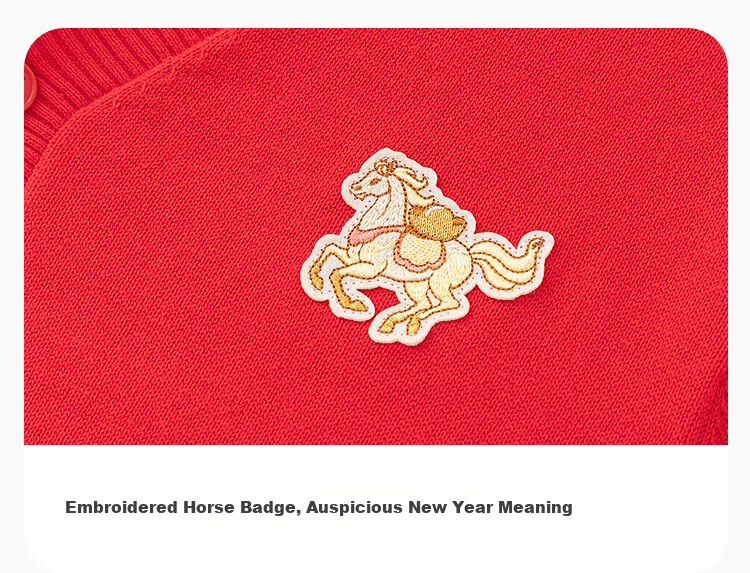 Balabala Kids Sweater Boys Girls V-Neck Knitted Cardigan Horse Patch Red New Year Outfit 7