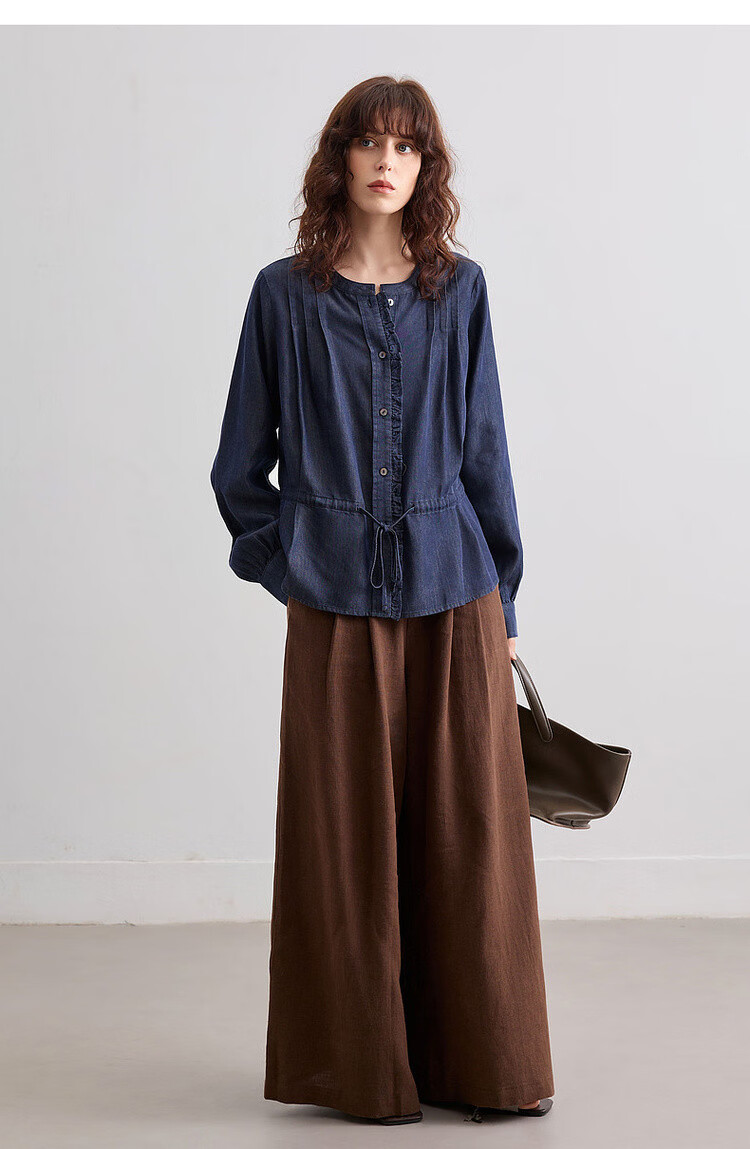 Demana [100 Lyocell] Spring French Style Round Neck Ruffle Drawstring Denim Shirt for Women Premium 17