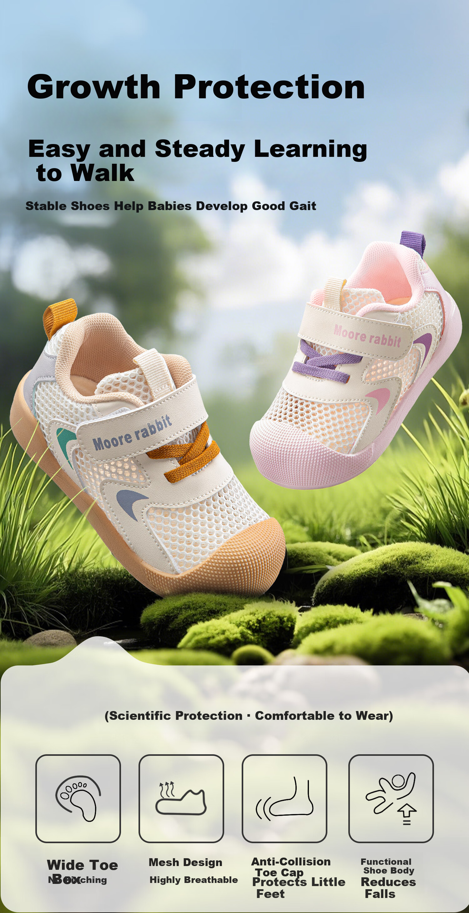 More Rabbit Children's Soft Sole Walking Shoes Four Seasons New Breathable Mesh Anti-Kick Baby Boys Girls Steady Walking Shoes 9