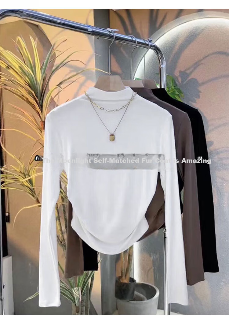 Woodpecker Women's Half Turtleneck Long Sleeve T-Shirt Autumn New Slim Fit Pleated Base Shirt Black 2XL 2