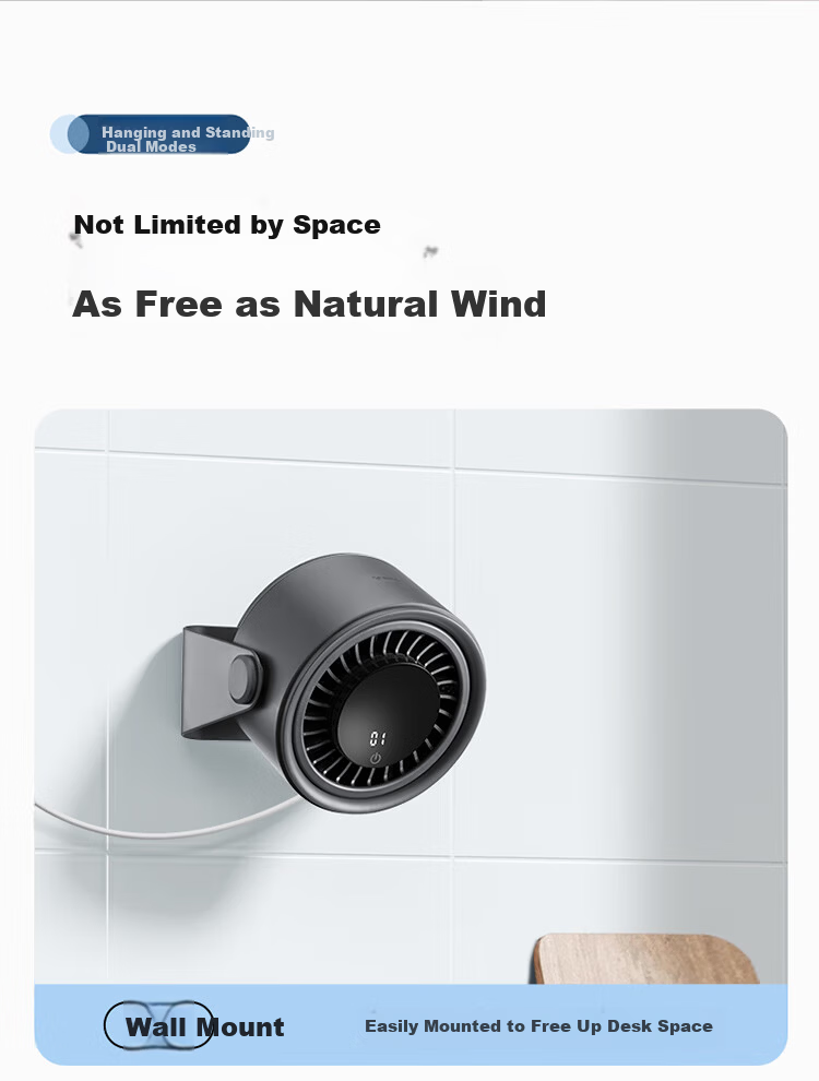 BULL Desktop Fan, Ultra-Quiet Air Circulator Fan, Small Fan for Office Desk, Cooling Device for College Dormitory, Wall-Mounted Electric Fan with 4000mAh Battery 14