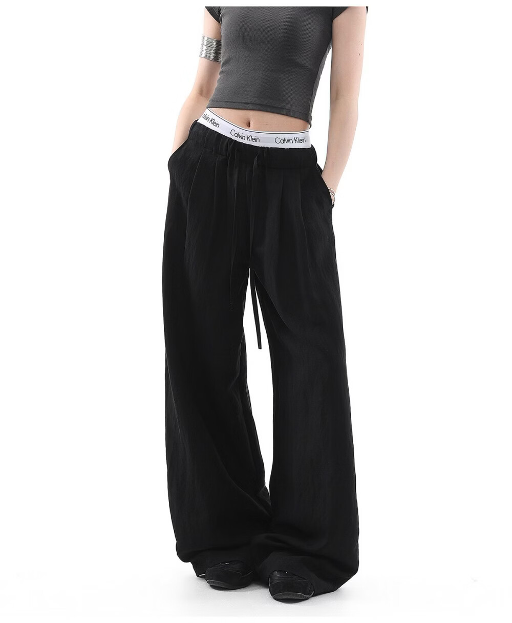 ICH MODE Women's Draped Linen Casual Pants New Loose Straight Wide-Leg Trousers Sports Pants Four Seasons Navy Blue S 18