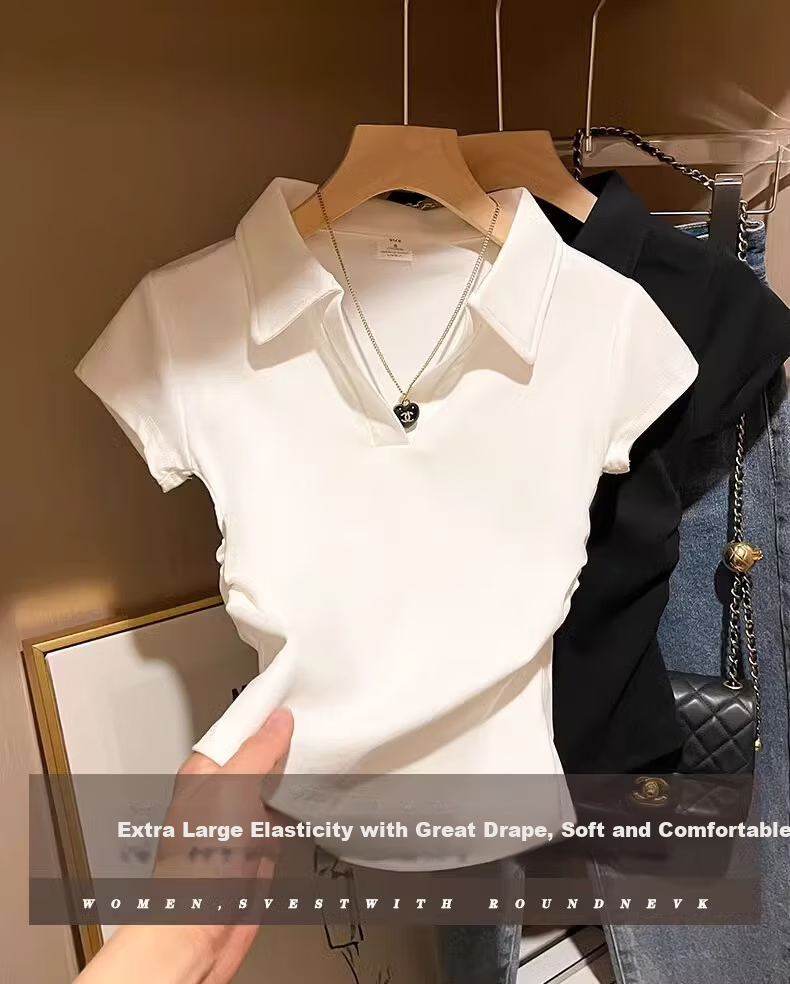 Woodpecker Women's Short Sleeve T-Shirt 2026 Summer Polo Collar Top Short Waist Slim Casual Design Light Gray 2XL 2