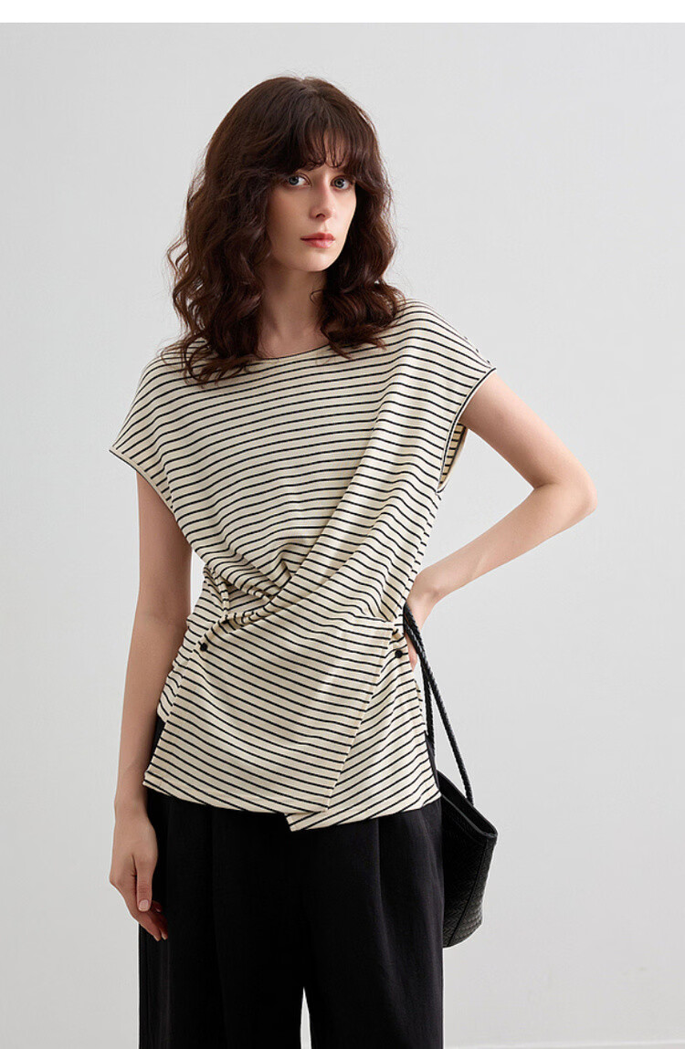 Demana [Mianyun Xiaoqi] Summer Simple Style Colorblock Striped Twist Round Neck Slim Fit Women's T-Shirt 16