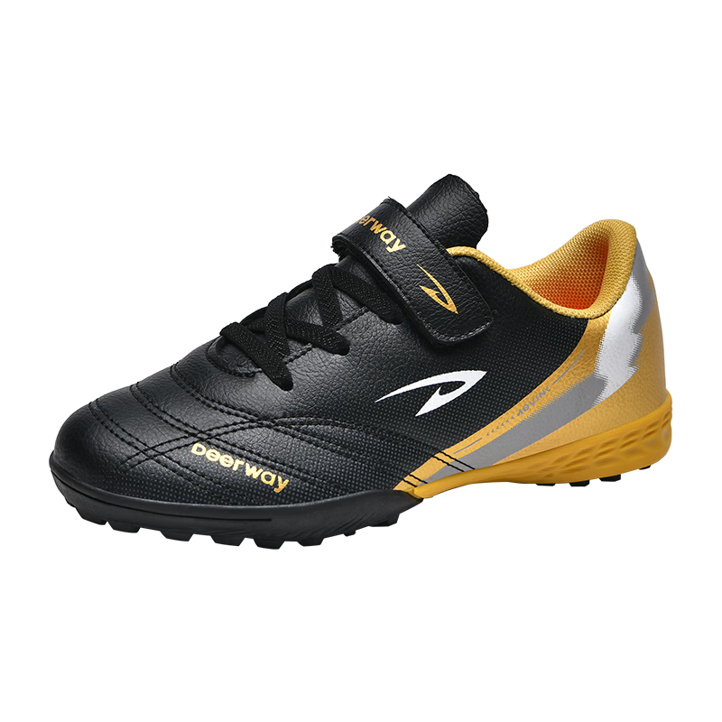 Deerway Kids Soccer Shoes 6-12 Years Magic Tape Slip-On Large Kids Non-Slip TF Turf Cleats Black Gold Size 36