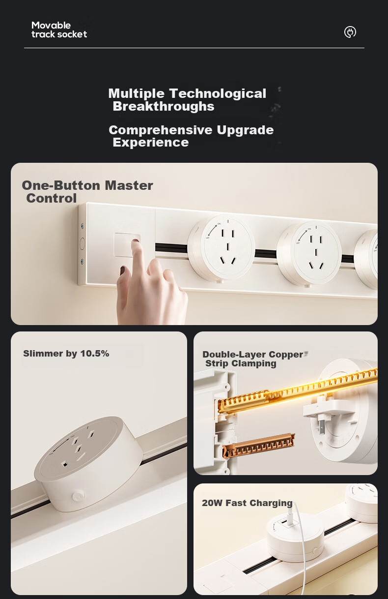 Comfort Home Kitchen Power Track Socket Surface Mounted Ultra-thin Slide Rail Socket Wireless High Power Island Counter Side Cabinet Movable Guide Rail Power Strip 5
