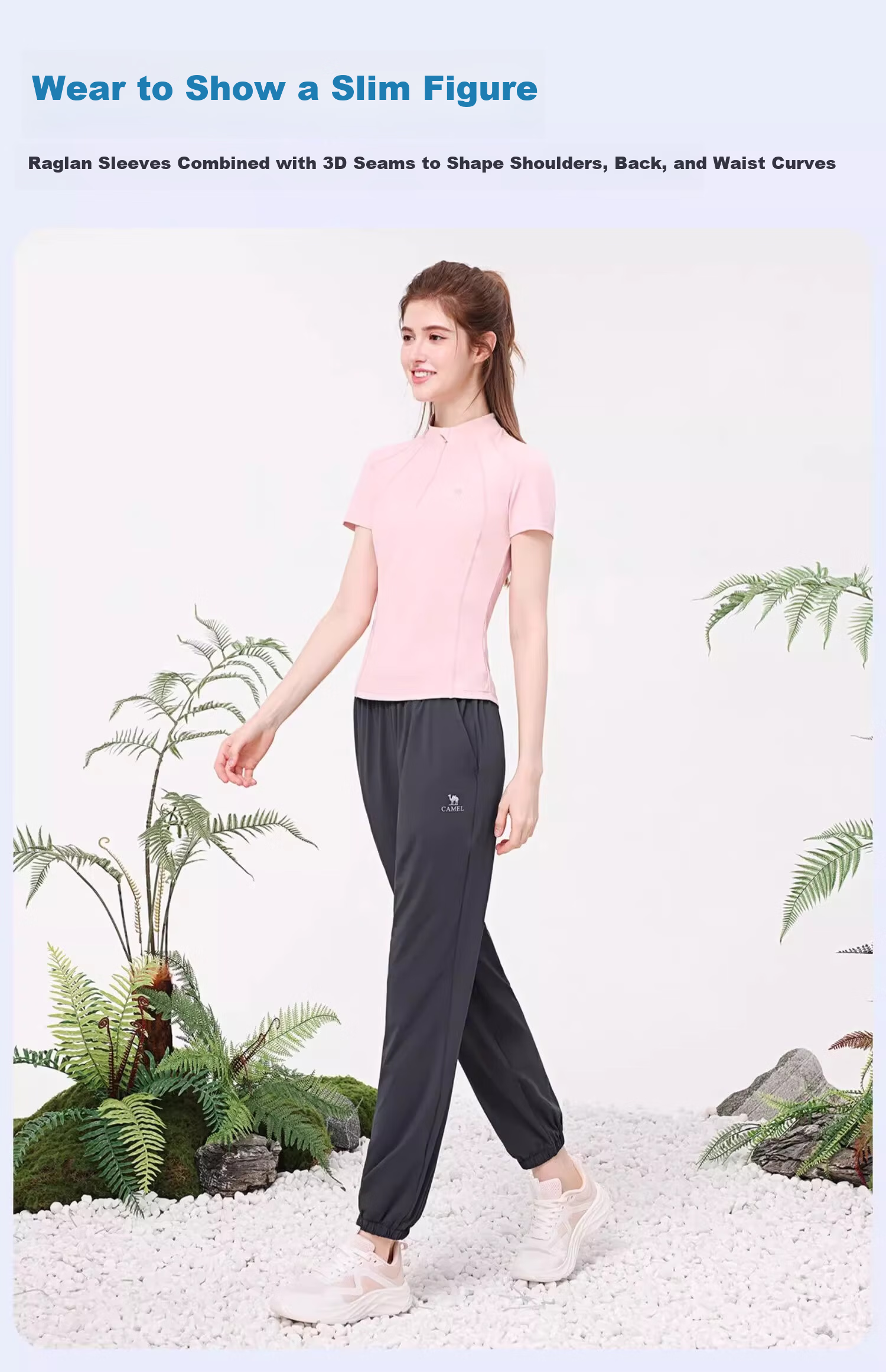 CAMEL Yoga Set Quick-Dry Breathable Sports Women's Short-Sleeve Two-Piece Set L Ice Blue/gray Lavender, Stand-Up Collar Style 6