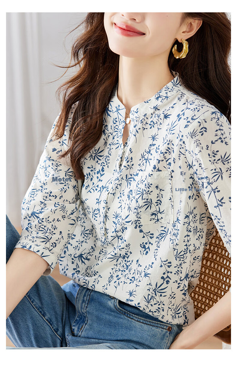 AOTUN Blue and White Porcelain Small Floral Print Women's Spring 3/4 Sleeve Cotton Shirt 35026 Blue and White Porcelain L 7