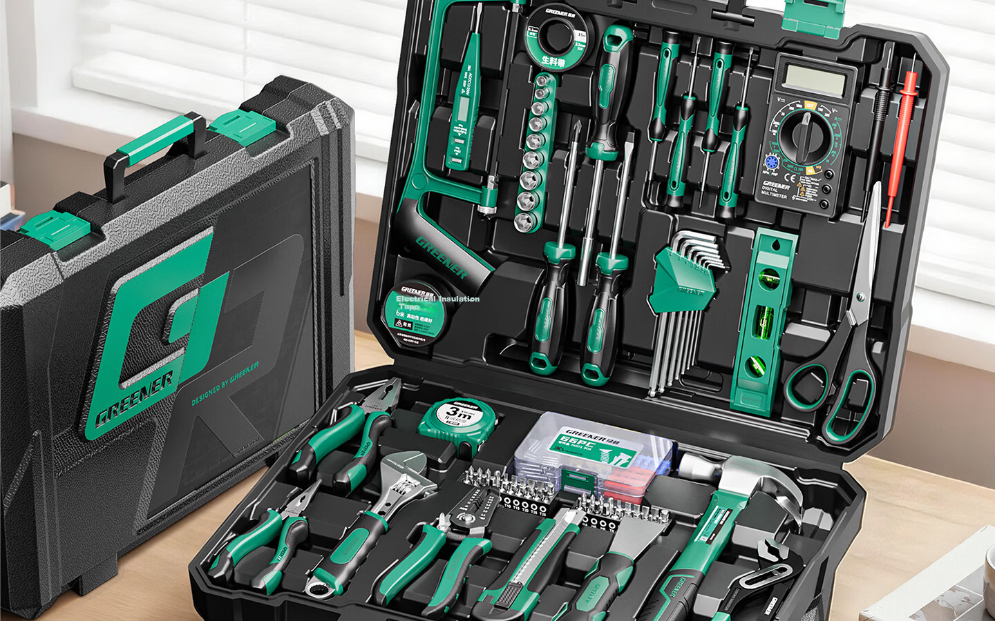GREENER Household Toolbox Set Electrician Carpenter Telecom Repair Hardware Hand Tool Set 123 Pieces 2
