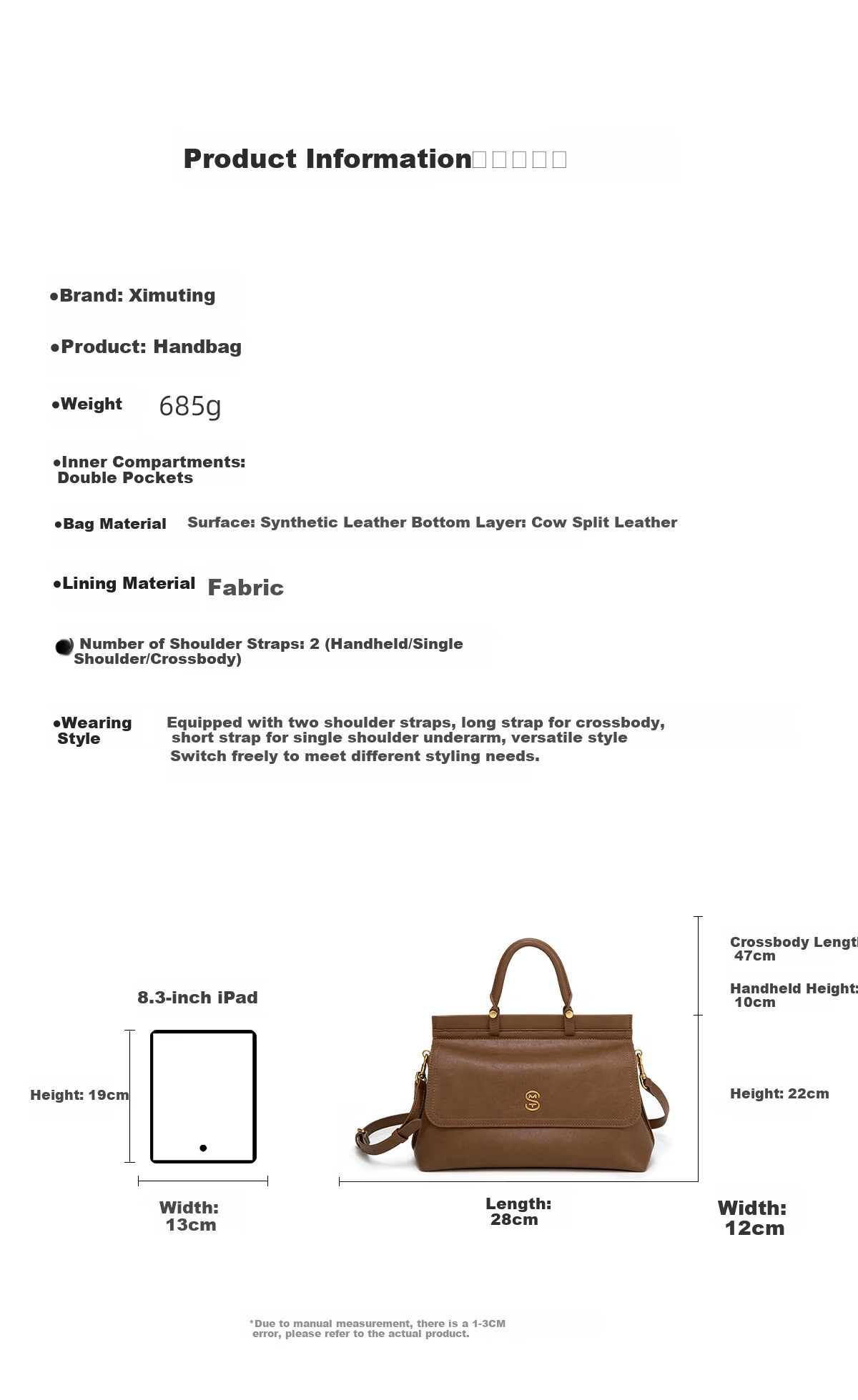 Ximuting Chasing Light Caramel Brown Cowhide Leather Women's Handbag New Simple Versatile【Christmas Gift】 6