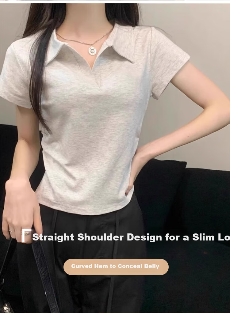 Langsha Women's Short Sleeve V-Neck T-Shirt Summer Fashion Versatile High-End Black Slim Fit Crop Top 10