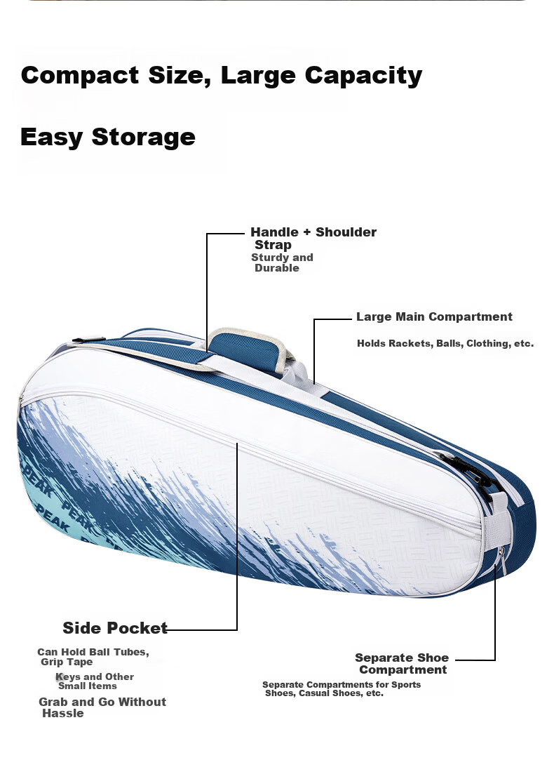 Peak Badminton Bag Handheld Shoulder Double Shoulder Crossbody Outdoor Large Capacity Multifunctional White Blue 7