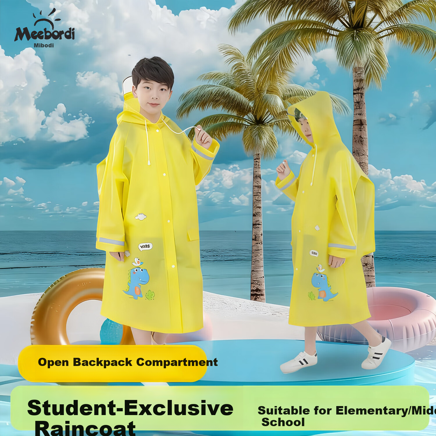 Meebordi Kids Girls School Raincoat with Backpack Cover New Full Body Heavy Rainproof Dinosaur L Size