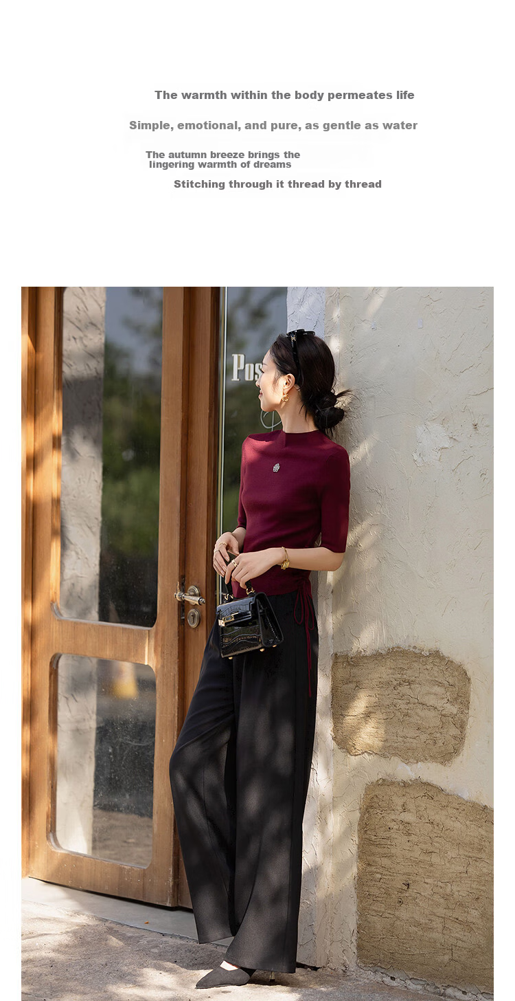 Demana Drawstring Waist Slim Fit Autumn Half Turtleneck Mid Sleeve Knit Top for Petite Women 1