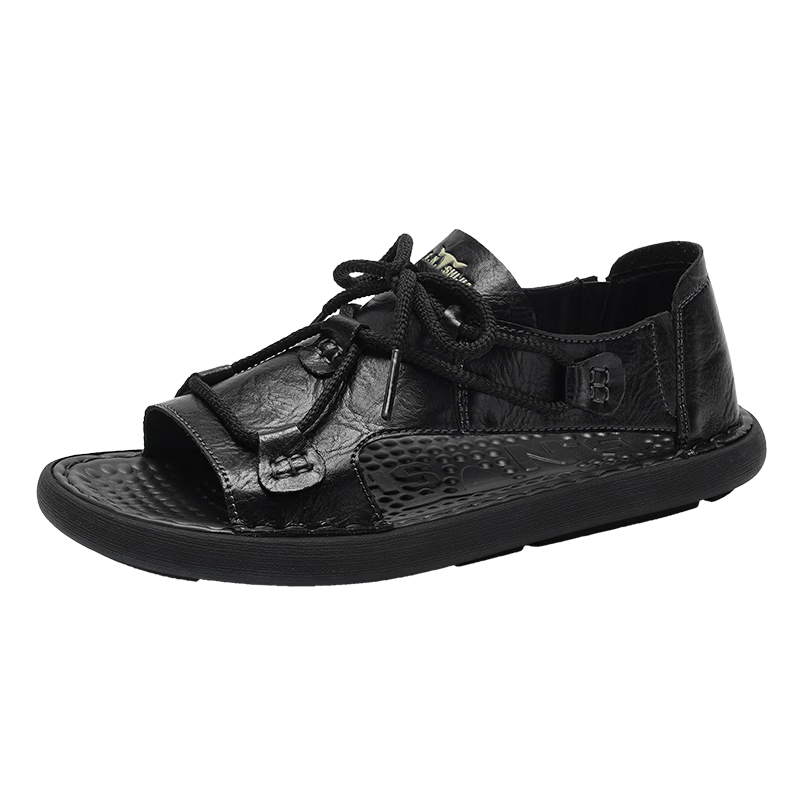 G.N.Shi Jia Leather Sandals for Men, Summer New Style Breathable Hollow Beach Shoes, Soft-Soled Outdoor Casual Slippers, Versatile Commuter Men's Shoes