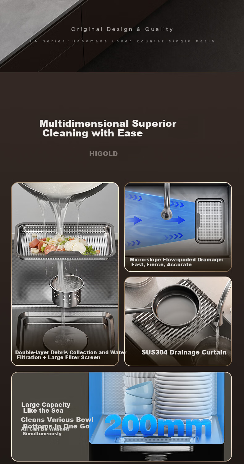 HIGOLD H1 Series Stainless Steel Slag Collection Roll-up Sink with Multifunctional Pull-out Faucet 60*43cm 2