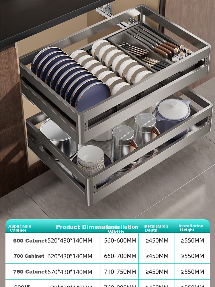 ARROW Kitchen Cabinet Pull-Out Basket Thickened 304 Stainless Steel Base Drawer Bowl Rack Spice Rack Double-Layer Dish Basket 30