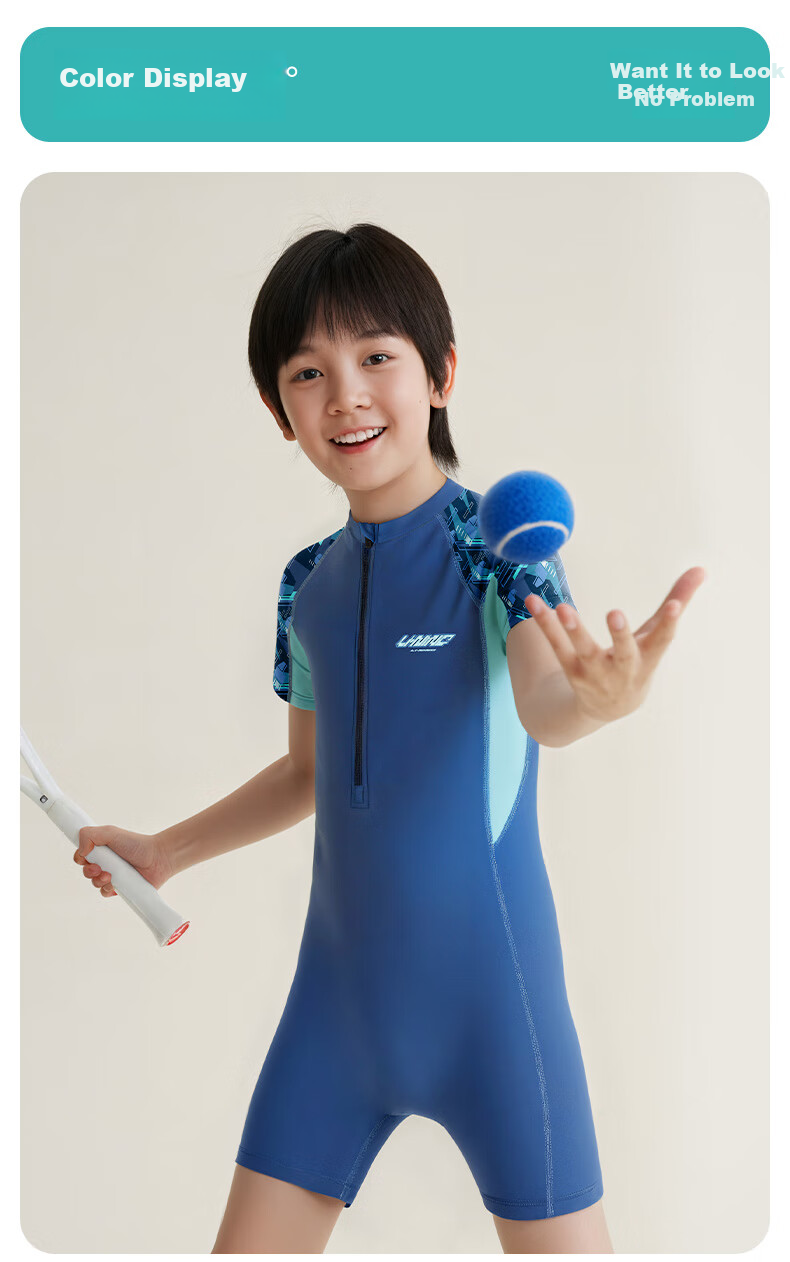 LI-NING Youth Boys Comfortable Sports One-Piece Short Sleeve Square Leg Professional Training Swimsuit 8511 Gray Green Size 150 11