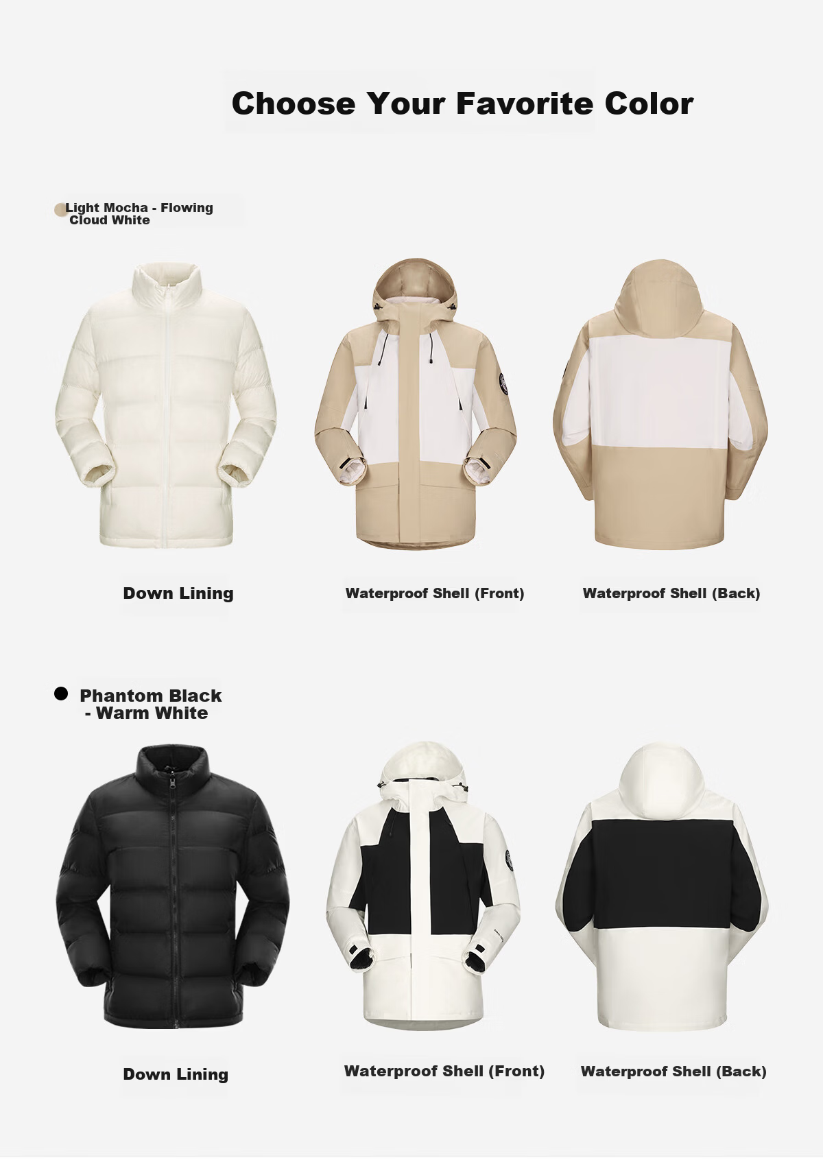 Panda Camel Series 3-in-1 Down Jacket Unisex Autumn Winter Outdoor Waterproof Mountaineering Coat 8170 Black XS 16