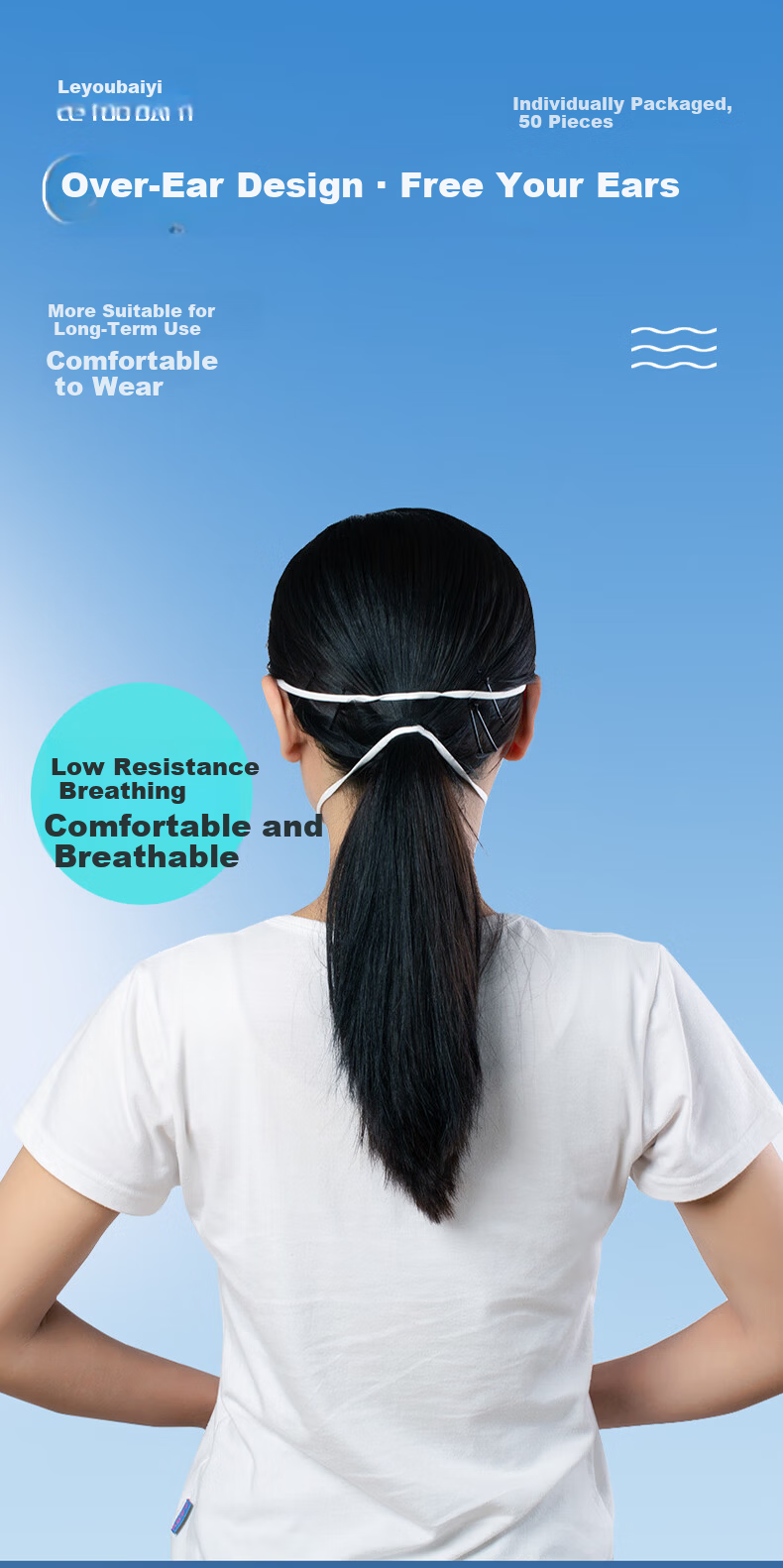 Leyoubaiyi KN95 Mask 50pcs Disposable 3D Dustproof Anti-Droplet Industrial Dust Haze Protection Double-Layer Meltblown Fabric Individually Packaged White 8