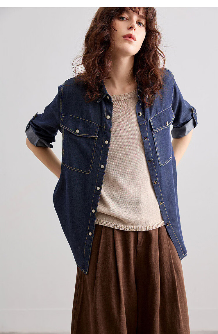 Demana [Cloud Oxygen Cotton] Spring Urban Style Contrast Piping Fleece-Lined Petite Women's Denim Shirt with Turn-Down Collar 15