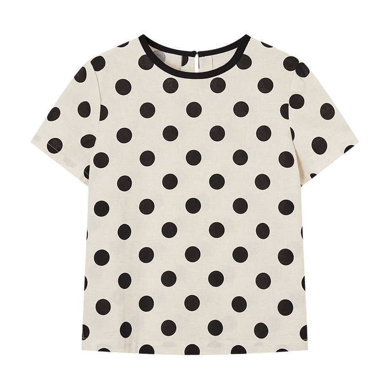 Demana [Linen Cotton Blend] Summer Vintage Urban Colorblock Crew Neck Polka Dot Print Loose Slimming T-Shirt for Women Premium