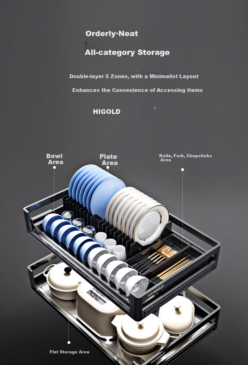 HIGOLD Kitchen Cabinet Pull-Out Basket 304 Stainless Steel Double-Layer Drawer Dish Rack Storage Shelf 5