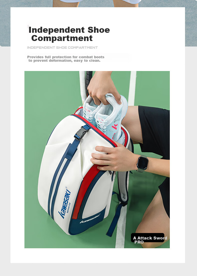Kawasaki Badminton Backpack Unisex Large Capacity Waterproof Outdoor Shoulder Bag with Separate Shoe Compartment 6