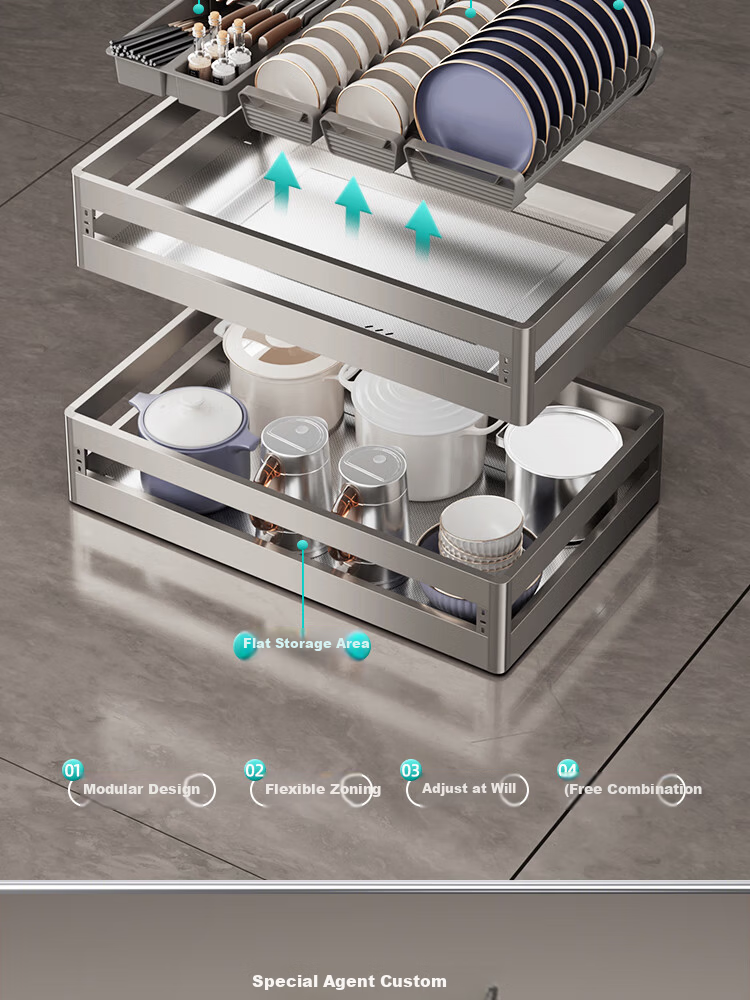 ARROW Kitchen Cabinet Pull-Out Basket Thickened 304 Stainless Steel Base Drawer Bowl Rack Spice Rack Double-Layer Dish Basket 11