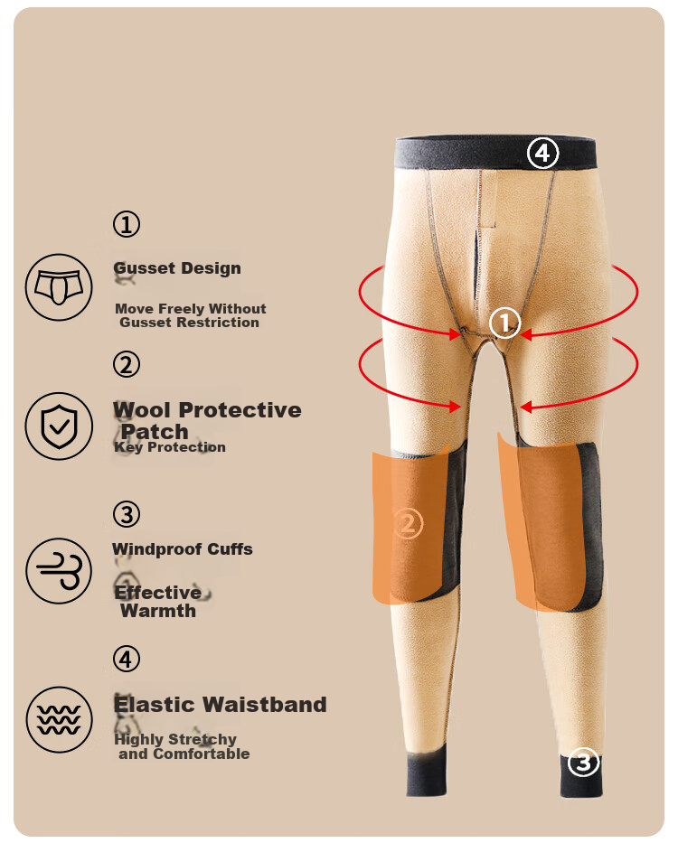 MiiOW Men's Wool Knee Warmers Thermal Fleece Thickened Cotton Pants Winter Plus Size Cold-Resistant Base Layer Pants 10