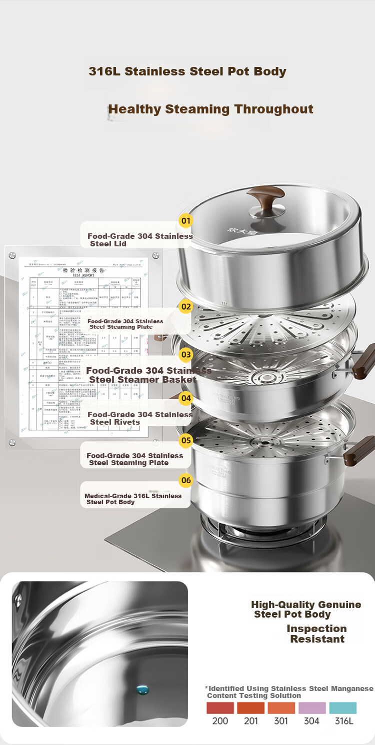 COOKER KING 316L Stainless Steel Three-Layer Steamer Pot with Composite Bottom, Household Soup Pot, Visible High Dome Lid, 30cm 3