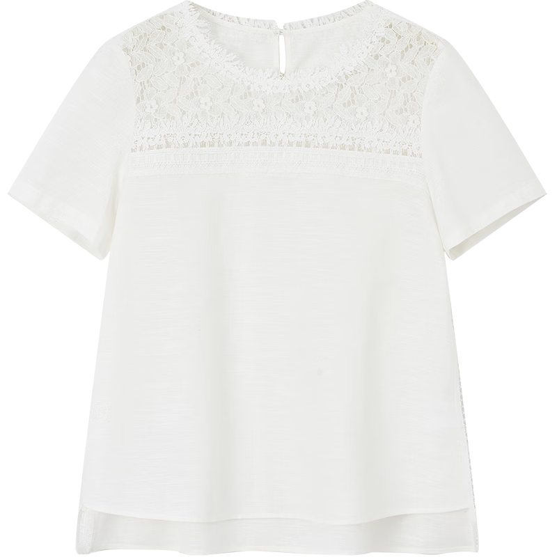 Demana Fresh Cotton Summer Elegant Urban Lace Splice Short Sleeve Loose Slimming Shirt for Women High-End Feel