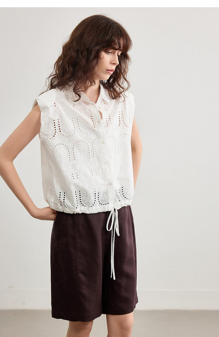 Demana Oxygen Pure Cotton Summer Elegant Lace Embroidered Hollow-out Short Shirt with Designed Collar for Women 17