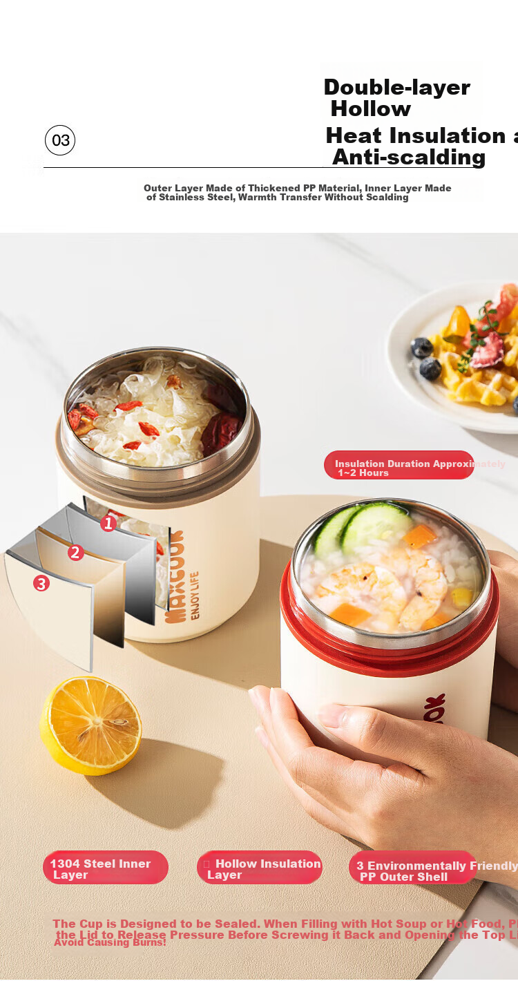 MAXCOOK Portable 316 Stainless Steel Insulated Soup Cup, Breakfast Milk Cup with Spoon and Straw, Model MCB6568 4
