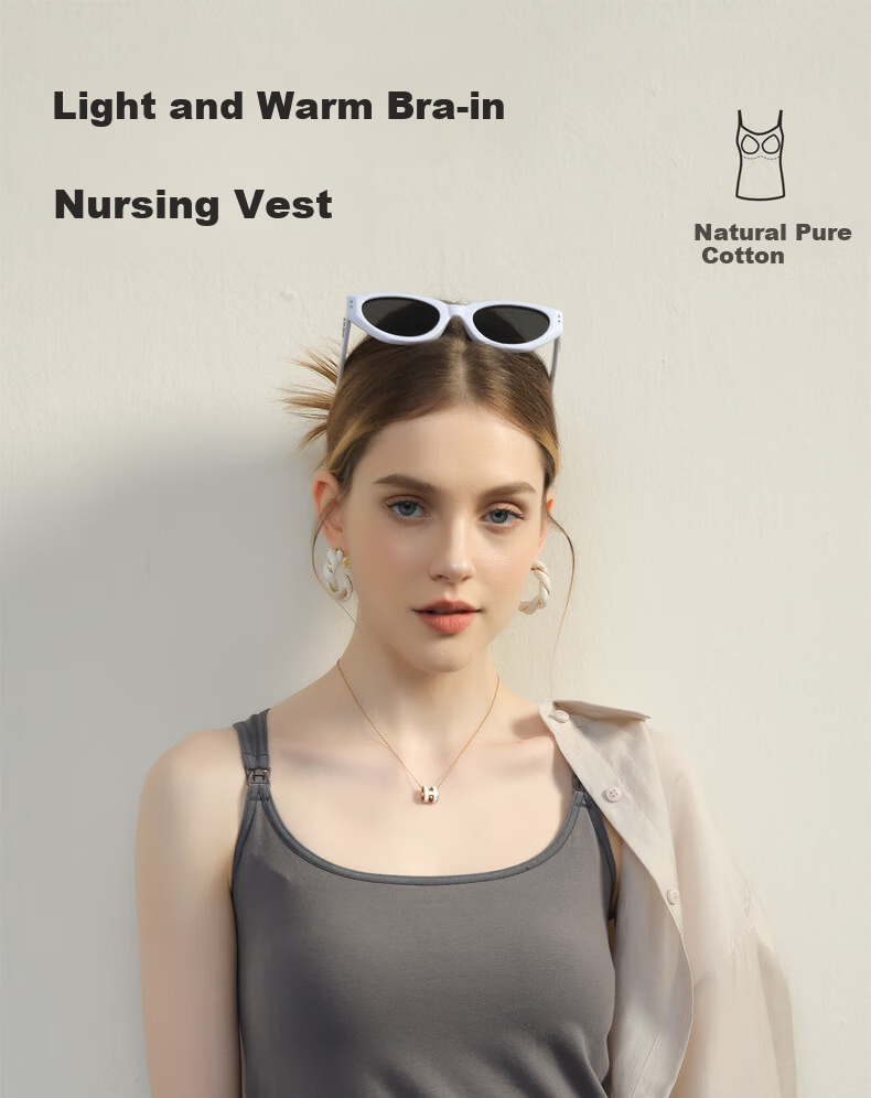 FENYE Nursing Tank Top Pure Cotton Breastfeeding Vest with Chest Pads Postpartum Feeding Light Gray L 1