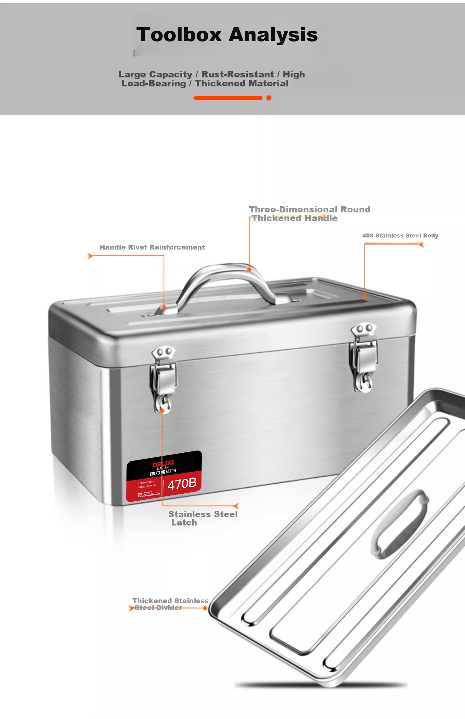 DELIXI ELECTRIC Stainless Steel Toolbox Storage Box Car Home Storage Case Thickened Hardware Iron Box Large Size 4