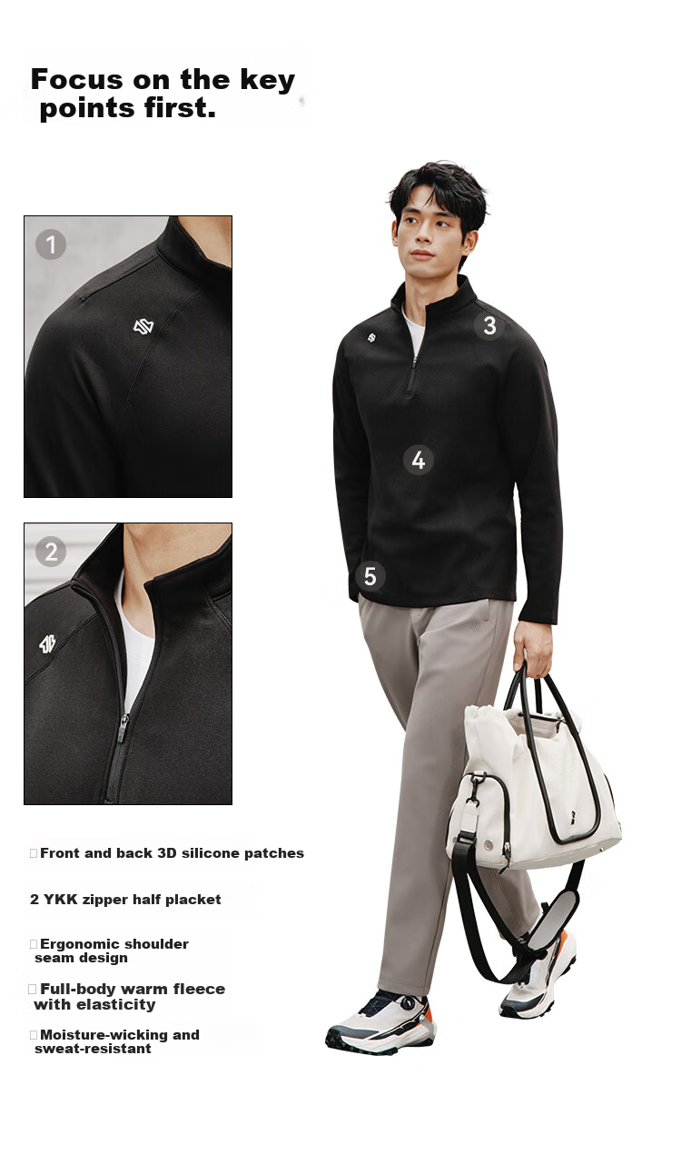 JD Jingzao Fleece Thermal Sports Long Sleeve T-Shirt Men Spring Fleece Warm Half-Zip Sweatshirt Dark Khaki S 5