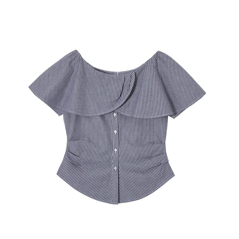Demana [Cloud Soft Pure Cotton] Summer Heavywork Ruffle Elastic Off-Shoulder Striped Slim Fit Shirt for Women Premium Feel