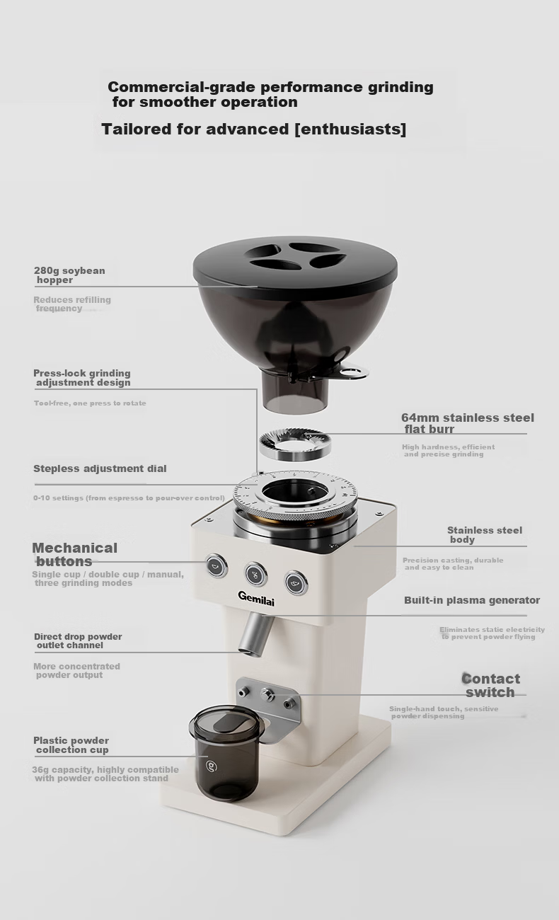GEMILAI G9015C Electric Coffee Grinder with Dual Bean Hopper, 64mm Flat Burr, Home Use, Small Appliance, New Year Gift 2