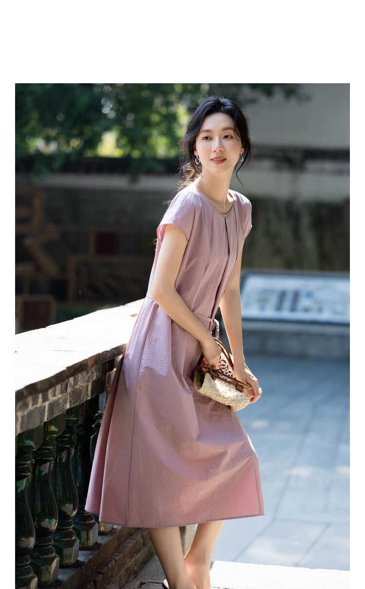 Demana [Black Technology] Summer Sorona Round Neck Cap Sleeve Belted Loose Slim Dress for Women High-End Feel 11