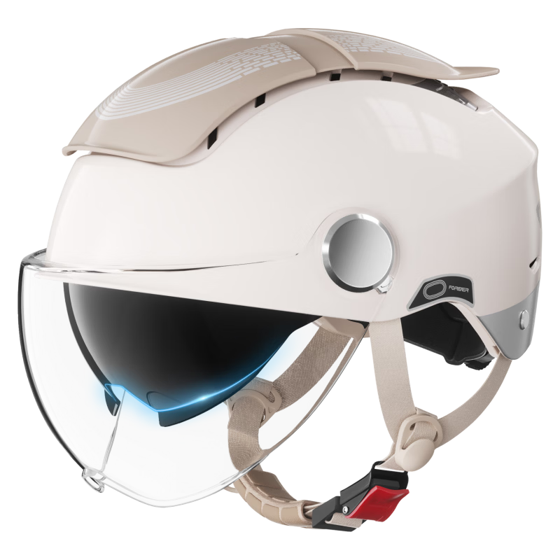 FOREVER Dual-Opening Sunroof Electric Motorcycle Helmet, 3C Certified, for Men And Women, Summer Sun Protection, Breathable Double Visor, Ventilated Half Helmet, Zero-G Sunroof, All-Season Safety Helmet, 966 Khaki Color, High-Definition Short Visor