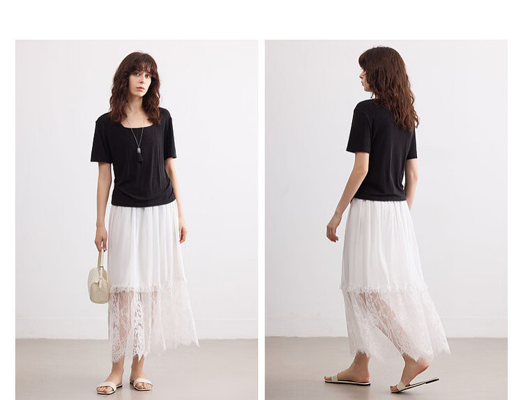 Demana [Yunsha Manwu] Summer Fresh Sweet Lace Splicing Lightweight Flowing Elastic Waist Mid-Length Skirt for Women 9