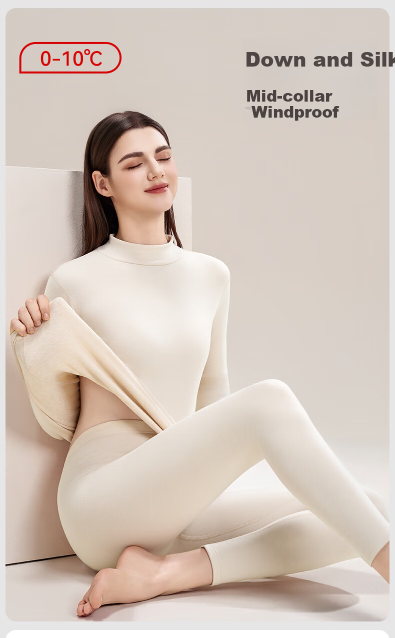 MiiOW Women's Thermal Underwear Set Mid-High Collar German Velvet Autumn Top and Bottom Down Silk Base Shirt Winter 2025 New Arrival 1