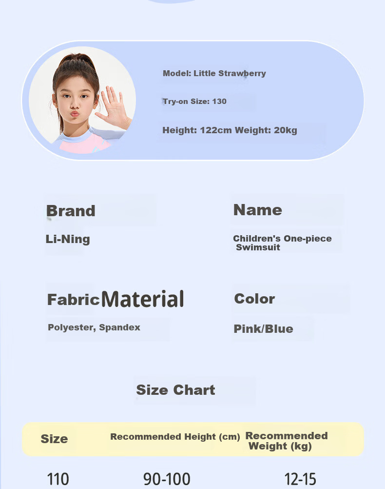 LI-NING Kids Girls Fashion Sun Protection One-Piece Swimsuit for Older Children Size 150 10