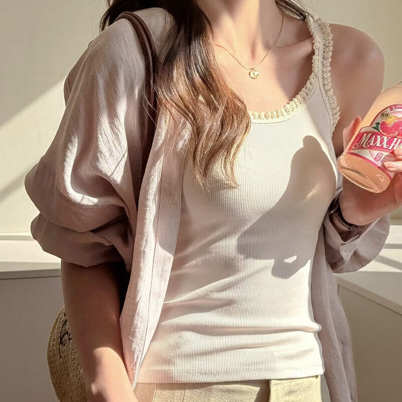 Modal Ribbed Cotton Camisole Tank Top for Women with Wheat Ear Lace Trim Slim Fit Basic Outerwear in Beige