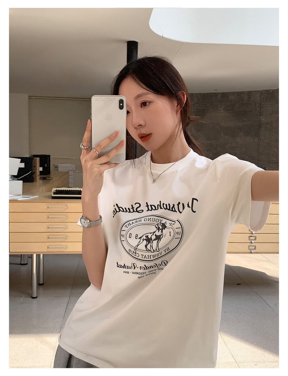 ICH MODE "Puppy Travelogue" Korean Retro College Style Chic Shoulder Short Sleeve T-Shirt Women Casual Top White M 23
