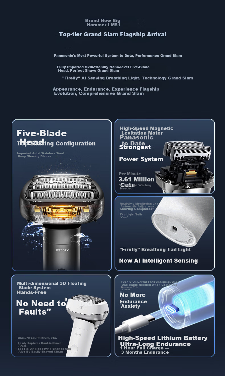 Panasonic [Mid-Autumn Festival Gift] Electric Shaver, Self-Operated Large Hammer Five Blades Head, Reciprocating Men's Birthday Gift Box for Boyfriend Or Father, LM51 White 2
