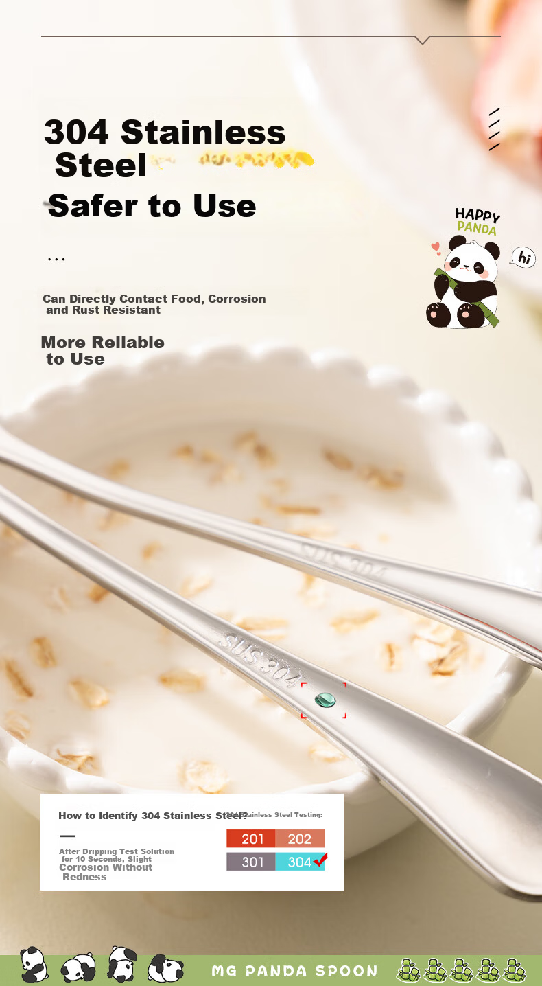 Guangyi 304 Stainless Steel Dinner Spoons, Children's Household Soup Spoons, Eating Spoons for Restaurants, Panda-Shaped Round Spoons, Set of 2, GY1425 3