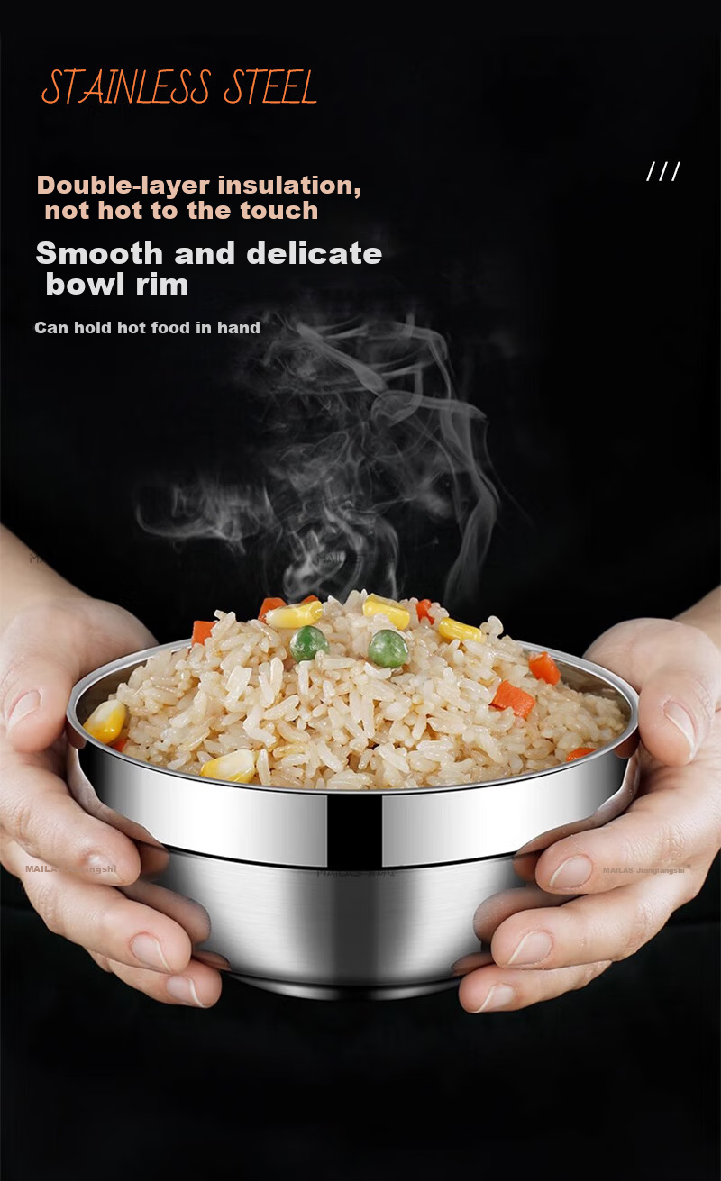 Mailangshi 11.5cm Double-Layer Thickened 304 Stainless Steel Soup Bowl, Anti-Scald Commercial Rice Bowl for Canteen 8