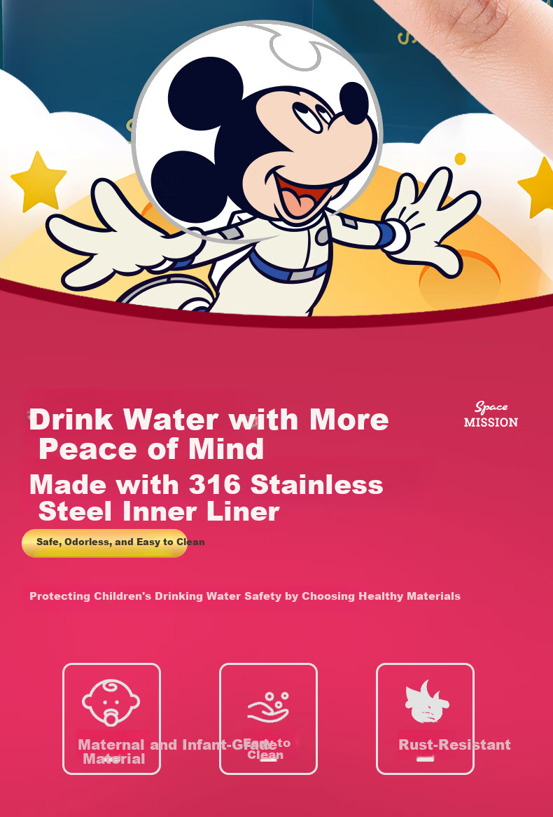 Disney Kids Insulated Straw Drinking Cup 316 Stainless Steel Large Capacity with Cup Sleeve Double Lid Water Bottle 650ml Mickey 5